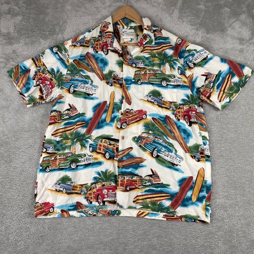Diamond Head Sportswear Hawaiian Shirt Mens‎ Large White Woody Wagon Surf Rayon